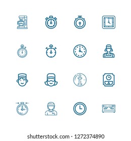 Editable 16 counter icons for web and mobile. Set of counter included icons line Coffee machine, Wall clock, Cashier, Stopclock, Info, Concierge, Clerk, Stop watch on white background