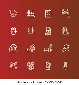 Editable 16 couple icons for web and mobile. Set of couple included icons line Newlyweds, Eskimo, Family, Couple, Party, Mother, Parenthood, Woman, Girl, Wedding, Wedding invitation on red
