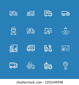 Editable 16 courier icons for web and mobile. Set of courier included icons line Logistics, Delivery truck, Truck, Postcard, Delivery, Forklift, Ship, Delivery man on blue background