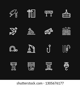 Editable 16 crane icons for web and mobile. Set of crane included icons line Crane, Lift, Container, Architecture, Hook, Harbor Hacksaw, Pula arena on black background