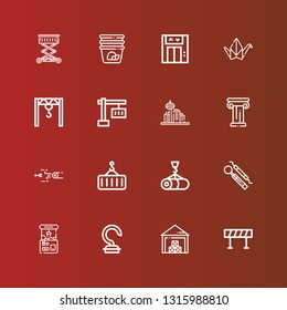 Editable 16 crane icons for web and mobile. Set of crane included icons line Barricade, Storehouse, Hook, Claw machine, Crane, Blowpipe, Architecture, Origami, Lift, Container on red