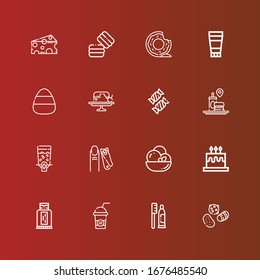Editable 16 cream icons for web and mobile. Set of cream included icons line Sweets, Toothpaste, Milkshake, Sunblock, Cake, Ice cream, Nail clippers, Dispenser, Fast food on red