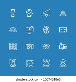 Editable 16 creative icons for web and mobile. Set of creative included icons line Webcam, Cake, Polygon, Content, Mailbox, Butterfly, Download, Fence, Cassette on blue background