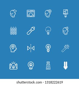 Editable 16 creativity icons for web and mobile. Set of creativity included icons line Lightbulb, Paint tube, Idea, Magic wand, Reflection, Mind, Brush, Crayons on blue background