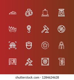 Editable 16 crime icons for web and mobile. Set of crime included icons line Bandit, Fingerprint scan, Auction, Cctv, Judge, Diaspora, Policeman, Fingerprint, No weapons on red