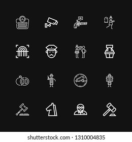 Editable 16 crime icons for web and mobile. Set of crime included icons line Auction, Bodyguard, Trojan, Law, Detective, Cctv, Grenade, Witness, Policeman on black background