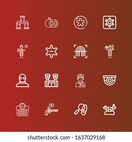 Editable 16 crime icons for web and mobile. Set of crime included icons line Scale, Detective, Pistol, Surveillance, Policeman, Jail, Burglar, Fingerprint, Sheriff, Hidden camera on red