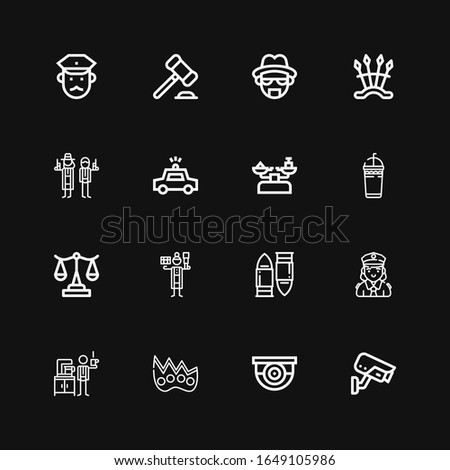 Editable 16 crime icons for web and mobile. Set of crime included icons line Cctv, Surveillance, Knuckle, Detective, Police, Bullet, Scale, Frappe, Police car on black background