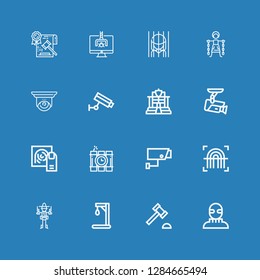 Editable 16 criminal icons for web and mobile. Set of criminal included icons line Burglar, Auction hammer, Gallow, Bandit, Fingerprint, Security camera, Dinamite on blue background