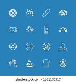 Editable 16 croissant icons for web and mobile. Set of croissant included icons line Sourdough, Toast, Bread, Candies, Bagel, Waffle, Donut, Croissant, Candy on blue background