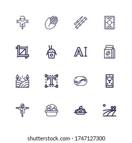 Editable 16 iconos de recorte para web y móvil. Conjunto de cultivos incluidos íconos línea Campo, Arroz, Cosecha, Escarapela, Tipografía, Judía de café, judías de café, Crop, Spike sobre fondo blanco