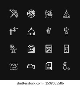 Editable 16 cross icons for web and mobile. Set of cross included icons line Dismissed, Medical report, Pirate, Emergency call, Hashtag, Death, Clinic, Veterinarian on black background