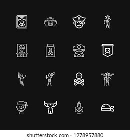 Editable 16 crossbones icons for web and mobile. Set of crossbones included icons line Pirate, Skull, Pirates, Jolly roger, Poison on black background