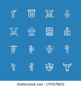 Editable 16 crossbones icons for web and mobile. Set of crossbones included icons line Skull, Pirate, Pirates, Poison, Jolly roger on blue background