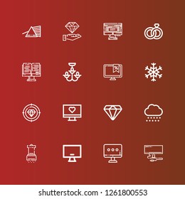 Editable 16 crystal icons for web and mobile. Set of crystal included icons line Monitor, Salt, Snow, Diamond, Snowflake, Chandelier, Wedding rings, Prism on red