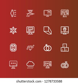 Editable 16 crystal icons for web and mobile. Set of crystal included icons line Wedding rings, Monitor, Snow, Sugar cube, Diamond, Gem, Minerals, Graphene on red