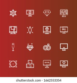 Editable 16 Crystal Icons For Web And Mobile. Set Of Crystal Included Icons Line Monitor, Sugar Cube, Polygon, Wedding Rings, Diamond, Champagne Glass, Graphene On Red