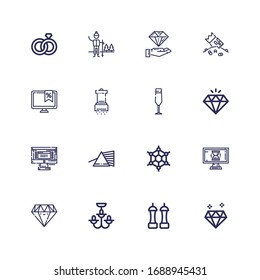 Editable 16 iconos de cristal para web y móvil. Conjunto de cristales incluidos íconos de la línea Diamante, Sal, Lámpara, Monitor, Graphene, Prisma, Vidrio de Champaña, Riches sobre fondo blanco