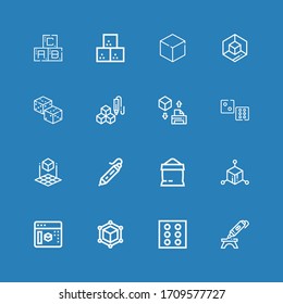 Editable 16 cube icons for web and mobile. Set of cube included icons line d printing pen, Dice, Cube, d modeling, Sugar, d Dices, Sugar Abc on blue background