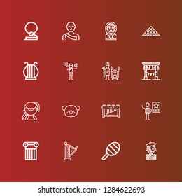 Editable 16 culture icons for web and mobile. Set of culture included icons line Mime, Maraca, Harp, Column, Famous, Marimba, Koala, Ninja, Torii, Tandoor, Acting, red