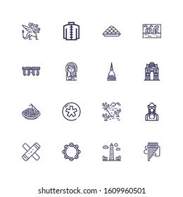 Editable 16 culture icons for web and mobile. Set of culture included icons line Panpipe, Obelisk, Tambourine, Clave, Dutch, Desert, Diaspora, Pad thai, India gate on white background
