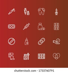 Editierbare 16 Kur Icons für Web und Mobile. Reihe von Heilmitteln inklusive Ikonen Linie Zahn, Pillen, Medizin, Bandage, Pille, Plaster, Antibiotika, Spritze, Medikamente, Impfstoff auf rot