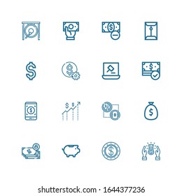 Editable 16 currency icons for web and mobile. Set of currency included icons line Profit, Dollar, Piggy bank, Money, Bitcoin, Payment method, Auction, Coin on white background