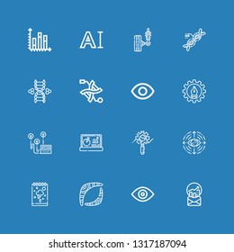 Editable 16 curve icons for web and mobile. Set of curve included icons line Stats, View, Boomerang, Sketchbook, Eye, Chart, Heart rate, Graphic design, Dna on blue background