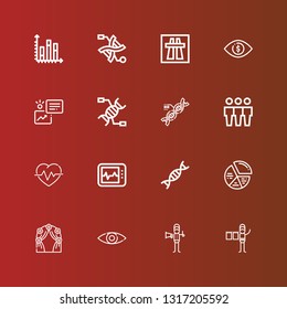 Editable 16 curve icons for web and mobile. Set of curve included icons line Graphic designer, View, Arch, Chart, Genetic, Electrocardiogram, Cardiogram, Cloning, Dna, Statistics on red