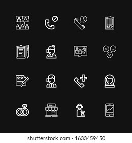 Editable 16 customer icons for web and mobile. Set of customer included icons line Visitor, Operator, Mall, Engagement, Call center, Phone call, Rating, Satisfaction on black background