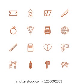 Editable 16 Cut Icons For Web And Mobile. Set Of Cut Included Icons Line Axes, Axe, Cutter, Hair Dryer, Hairdryer, Broken Heart, Paper Shredder, Knife, Pizza On White Background