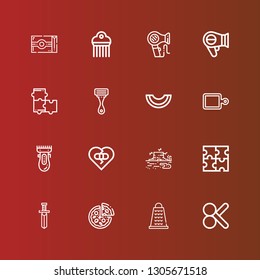 Editable 16 Cut Icons For Web And Mobile. Set Of Cut Included Icons Line Cut, Grater, Pizza, Knife, Puzzle, Trunk, Broken Heart, Clipper, Cutting Board, Melon, Razor, Hairdryer On Red