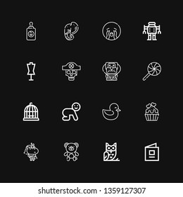 Editable 16 cute icons for web and mobile. Set of cute included icons line Baby book, Owl, Bear, Unicorn, Cupcake, Duck, Baby, Bird cage, Lollipop, Dog, Skull on black background