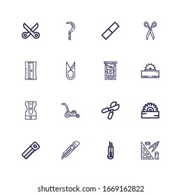 Editable 16 iconos de corte para web y móvil. Conjunto de cortador incluido íconos línea Stationery, Cutter, Saw, Pruning shears, Mower, Sharpener, Guillotine, Tijeras sobre fondo blanco
