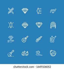 Editable 16 iconos de corte para web y móvil. Conjunto de corte incluido iconos línea sierra circular, cocina, chapado, cortadora de pizza, tabla de corte, cortadora, diamante sobre fondo azul