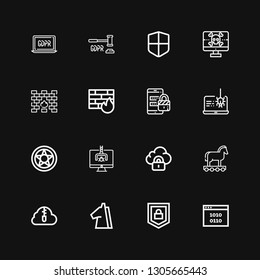 Editable 16 Cyber Icons For Web And Mobile. Set Of Cyber Included Icons Line Binary Code, Security, Trojan, Zip Cloud, Hacker, Data Protection, Spyware, Firewall On Black Background