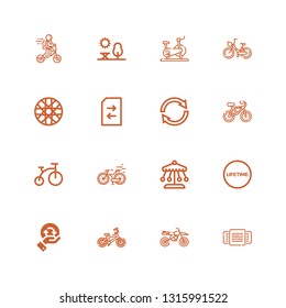 Editable 16 cycle icons for web and mobile. Set of cycle included icons line Rotating, Motorcycle, Bicycle, Recycling, Lifetime, Ride, Bike, Reuse, Change on white background