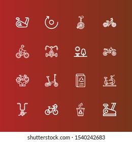 Editable 16 cycle icons for web and mobile. Set of cycle included icons line Stationary bike, Recycling, Bicycle, Book recycled, Motorcycle, Park, Cycling, Unicycle, Rotate on red