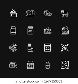 Editable 16 dairy icons for web and mobile. Set of dairy included icons line Cheese, Feeding bottle, Milk, Cream, Calcium, Baby food, Soy eggs, Mayonnaise on black background