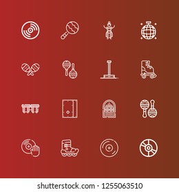 Editable 16 dance icons for web and mobile. Set of dance included icons line Vinyl, Roller skate, Maracas, Jukebox, Cajon, Bongos, Pole dance, Maraca, Mirror ball, Dancer on red