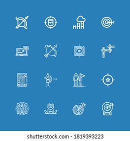 Editable 16 iconos de dardos para web y móvil. Juego de dardos incluido íconos de línea Target, Dartboard, Frog, Goals, Archery, Tracking, Crossword, Goal on blue back