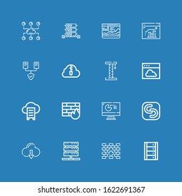 Editable 16 database icons for web and mobile. Set of database included icons line Server, Firewall, Cloud computing, Safecopy backup, Analytics, Cloud data on blue background