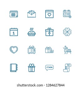 Editable 16 day icons for web and mobile. Set of day included icons line Wedding plans, Mom, Gift box, Appointment book, Woman suffrage, Gift, Heart, Clover on white background