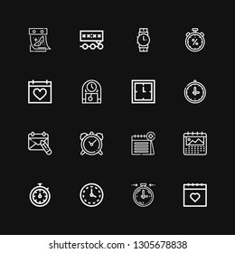 Editable 16 deadline icons for web and mobile. Set of deadline included icons line Calendar, Stopclock, Wall clock, Stopwatch, Clock, Wristwatch, Deadline on black background