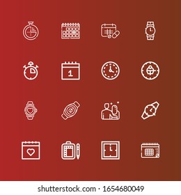 Editable 16 iconos de fecha límite para web y móvil. El conjunto de fechas límite incluía iconos línea Calendario, Reloj, Programación, Vigilancia, Fecha, Pared reloj, Parada, Guardia de Escritura, Temporizador en rojo