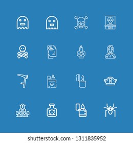Editable 16 death icons for web and mobile. Set of death included icons line Spider, Lighter, Toxic, Cemetery, Pirate hat, Scythe, Zombie, Skull, Health, Ghost on blue background
