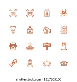 Editable 16 death icons for web and mobile. Set of death included icons line Pirate hat, Spider, Zombie, Fish bone, Gallow, War, Cemetery, Frankenstein, Skull on white background