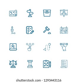 Editable 16 decision icons for web and mobile. Set of decision included icons line List, Strategy, Scale, Choice, Direction, Auction, Auction hammer, Guilt on white background