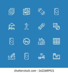 Editable 16 deck icons for web and mobile. Set of deck included icons line Skate park, Sunbed, Ace, Skateboard, Roof, Skateboarding, Playing cards on blue background