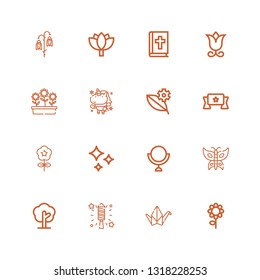 Editable 16 decorative icons for web and mobile. Set of decorative included icons line Flower, Origami, Fireworks, Tree, Butterfly, Mirror, Shines, Banner on white background